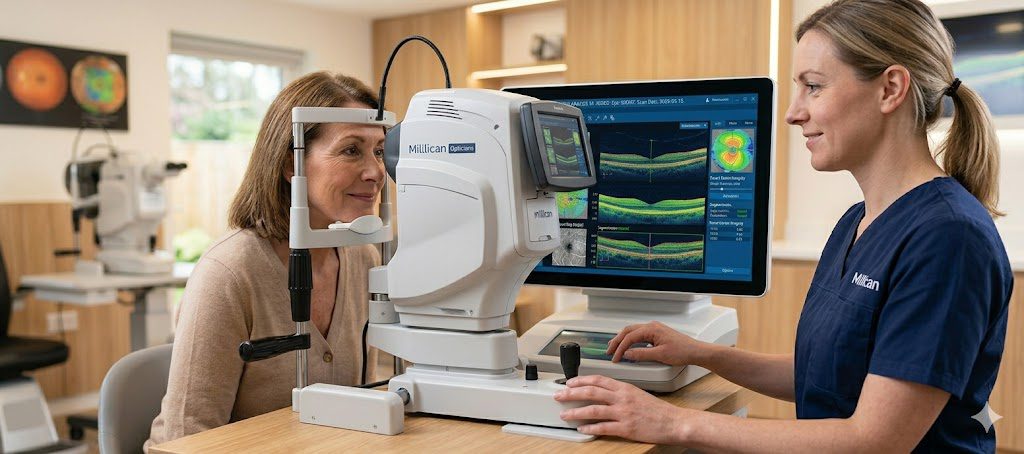 A professional widescreen clinical photograph at Millican Opticians featuring a female optometrist in a branded navy blue tunic performing an in-depth 3D eye scan. A female patient is positioned at the hospital-grade OCT scanner, which displays detailed, multi-colored retinal cross-sections and diagnostic maps on its integrated screen.