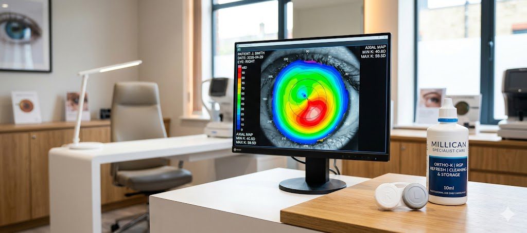 Medical monitor displaying a multi-colored digital corneal topography heat map of an eye next to a specialized contact lens case at Millican Opticians.