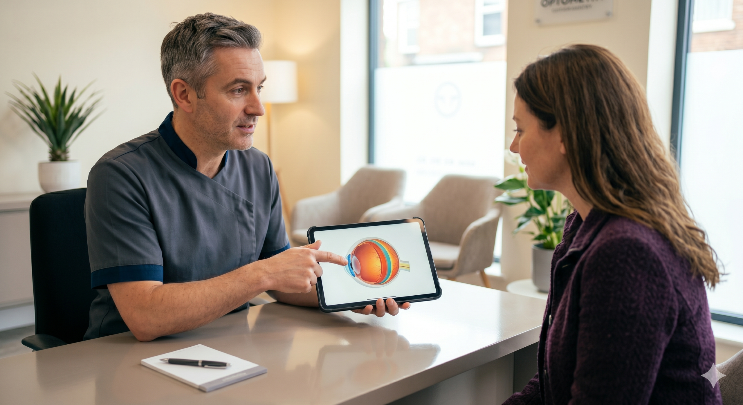Optometrist at Millican Opticians explaining a 3D eye scan results to a patient using a simplified model on a tablet.