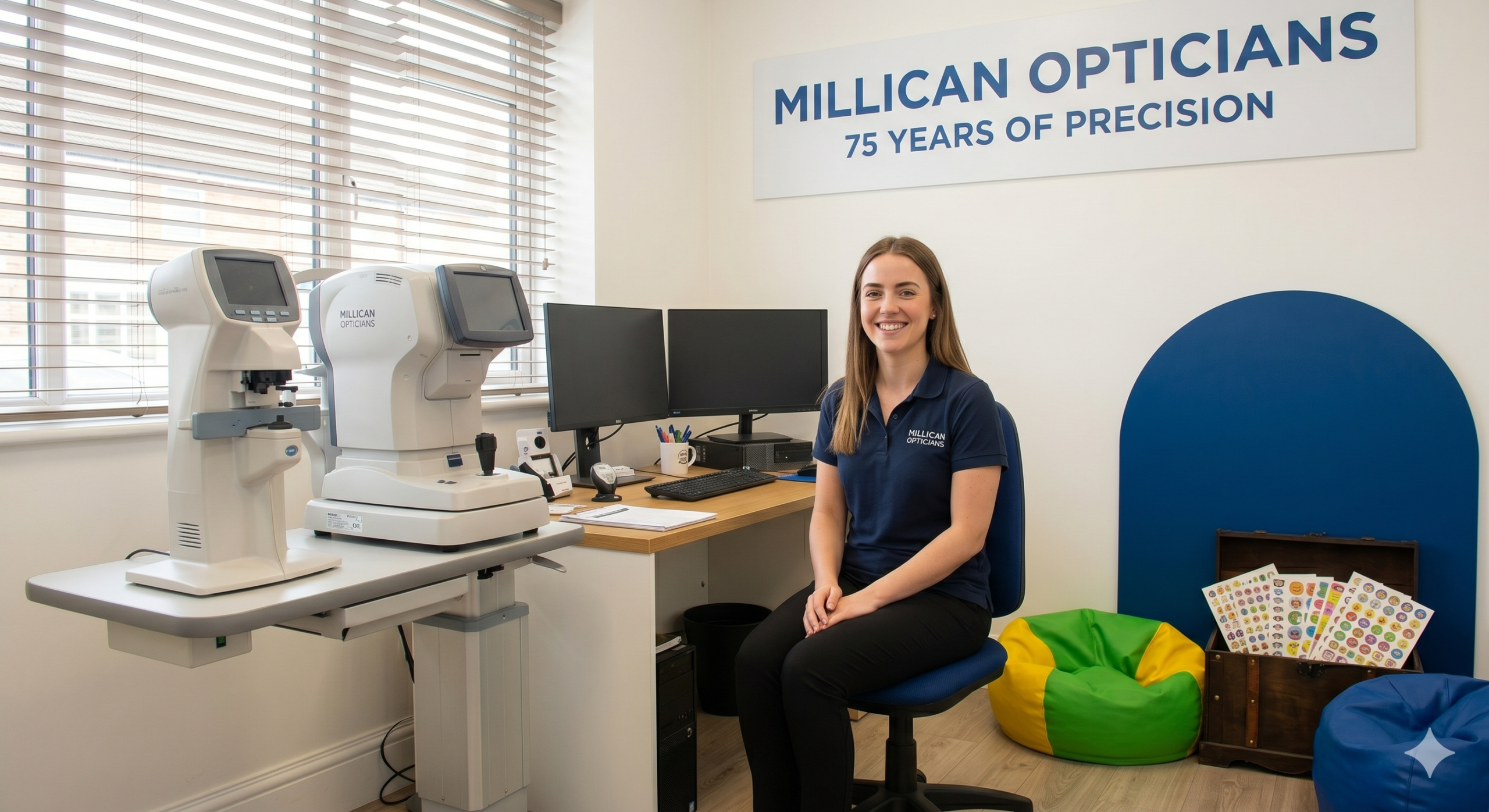 A specialized sensory-friendly consulting room at Millican Opticians, featuring warmer lighting, child-sized comfort areas, and advanced pediatric diagnostic equipment.