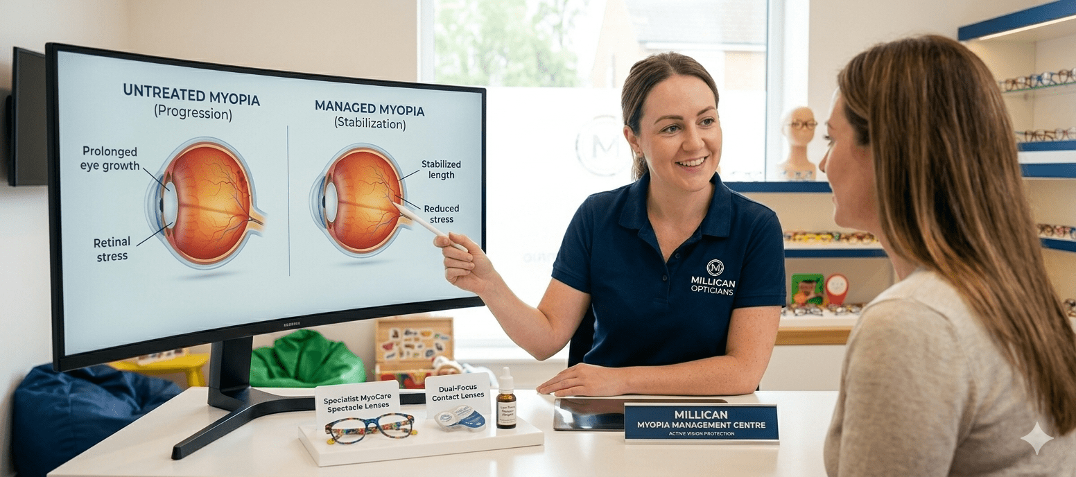Female optometrist at Millican Opticians explaining advanced myopia management (short-sightedness control) to a parent, showing a 3D comparative stabilized eye model and treatment options like specialized spectacles and contact lenses.