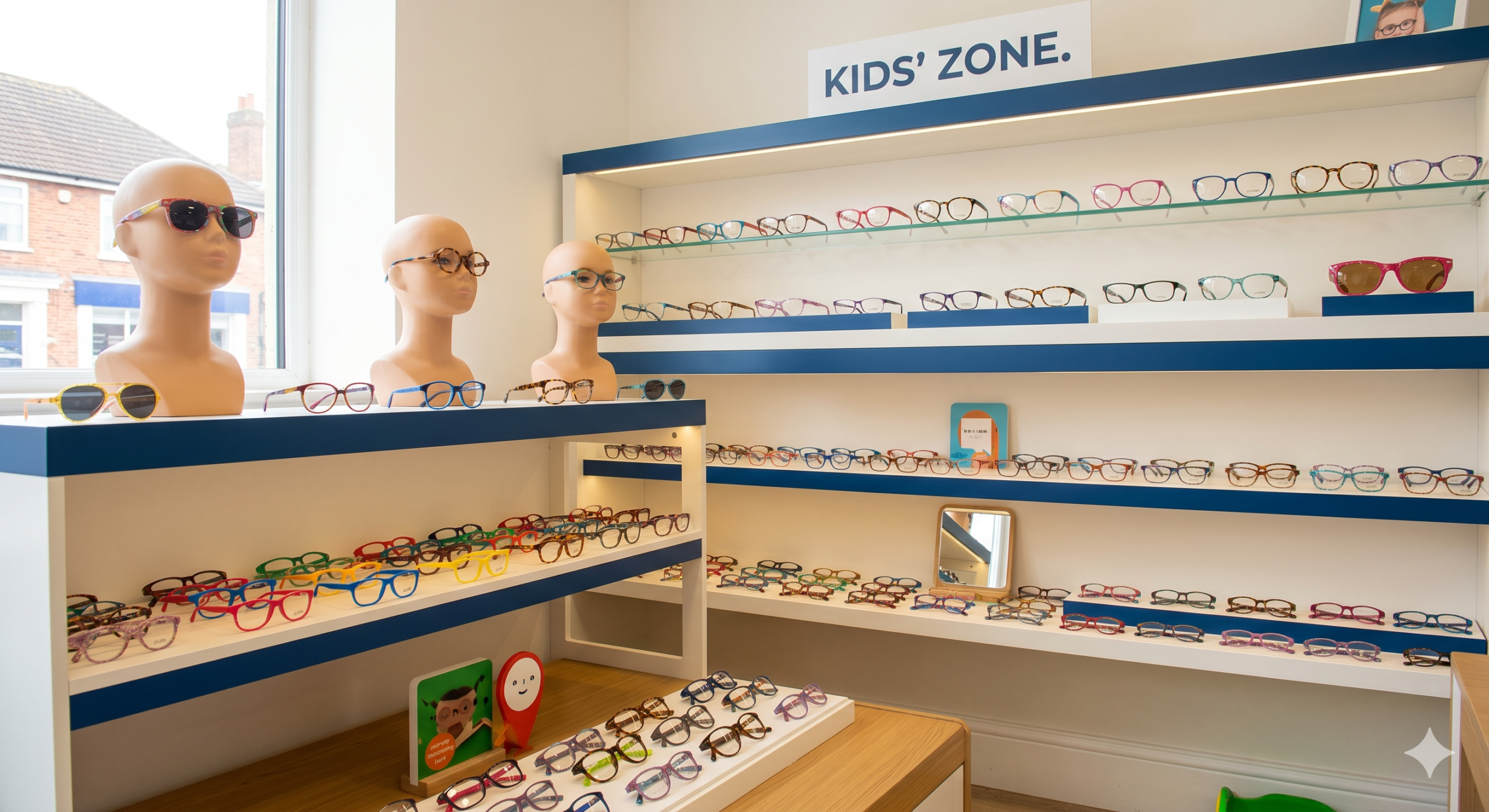 A cheerful, colorful display of specialized children's eyeglass frames on low-level shelving at Millican Opticians.