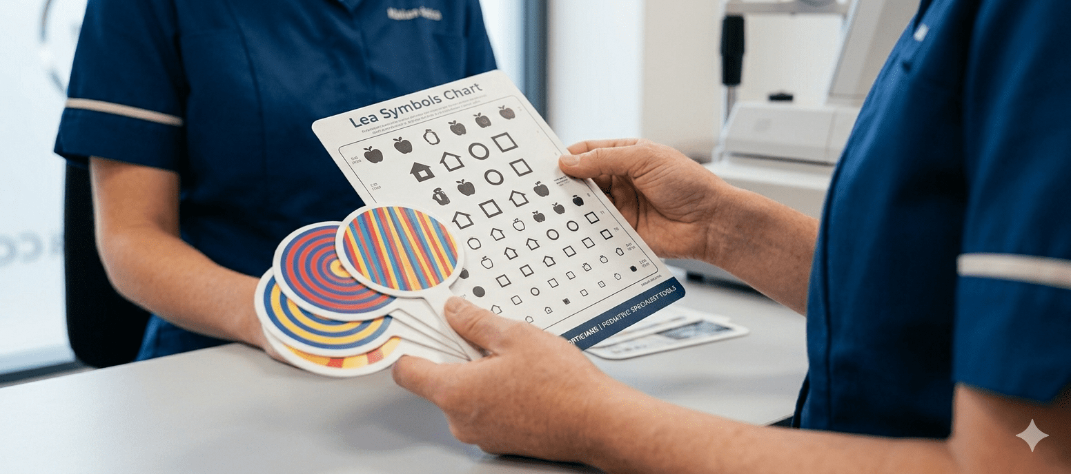 Close-up of specialized pediatric vision testing tools, including non-verbal Lea Symbols charts and colourful looking paddles, at Millican Opticians.