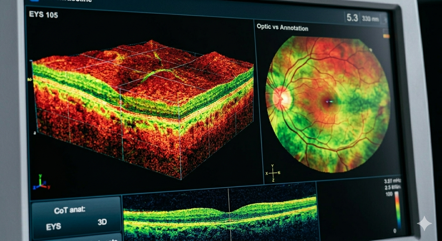 Detailed view of a high-resolution 3D OCT retinal scan analysis on a medical monitor, showing intricate cellular topography maps.