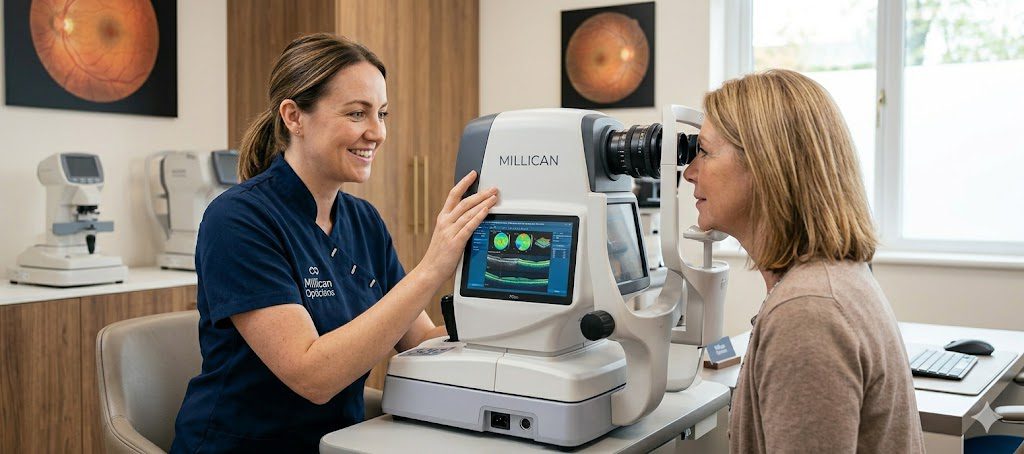 Professional optometrist at Millican Opticians using a high-tech digital retinal camera for a thorough clinical eye examination.