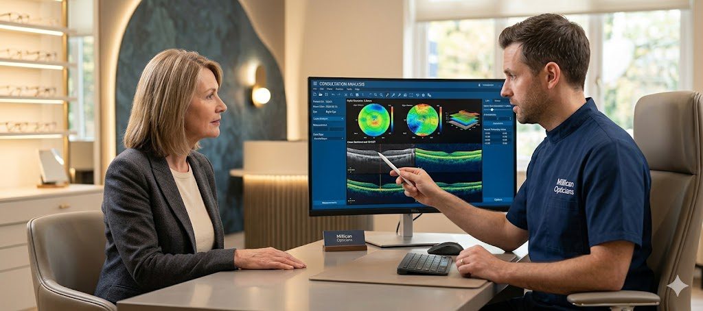 A male optometrist at Millican Opticians explaining a 3D OCT retinal scan to a patient during a specialized diabetic eye assessment.