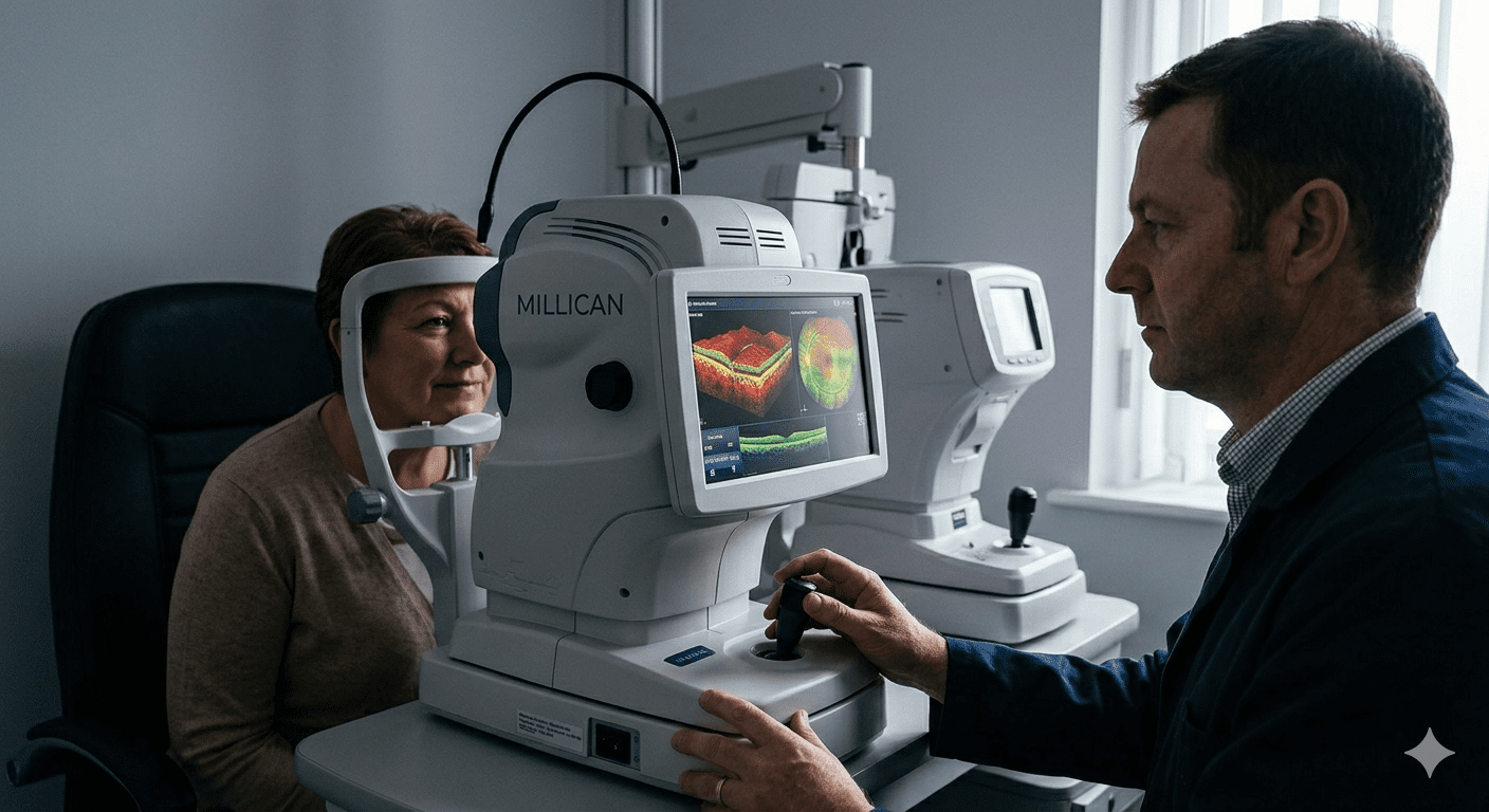 Optometrist performing an advanced 3D OCT retinal scan on a patient at Millican Opticians using specialized hospital-grade equipment.