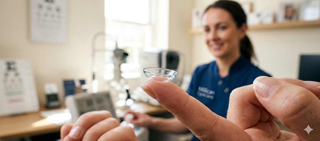 Close-up widescreen clinical photograph of a clear, hydrated contact lens resting on a fingertip at Millican Opticians, with a clinician in deep blue branded uniform blurred in the background.