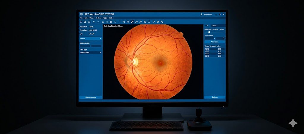 Detailed high-resolution digital retinal imaging of a human eye displayed on a clinical medical monitor at Millican Opticians.