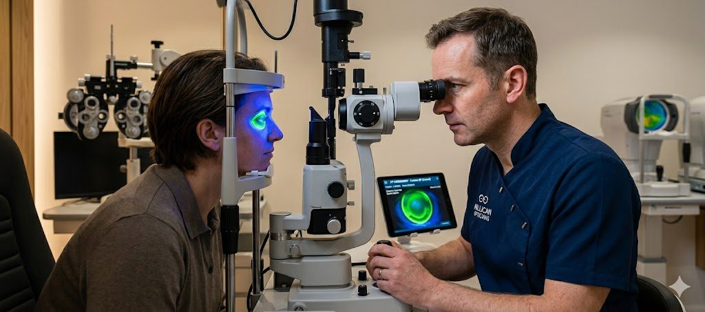 Clinical photograph showing an optometrist using a slit-lamp microscope with a cobalt blue filter, illuminating a specialist contact lens glowing with fluorescein dye.
