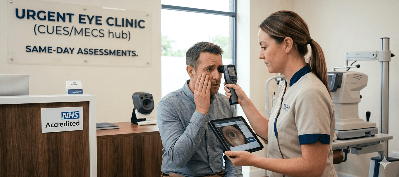 Accredited NHS Urgent Eye Clinic signage at Millican Opticians, providing CUES and MECS services in Moreton and Prescot.