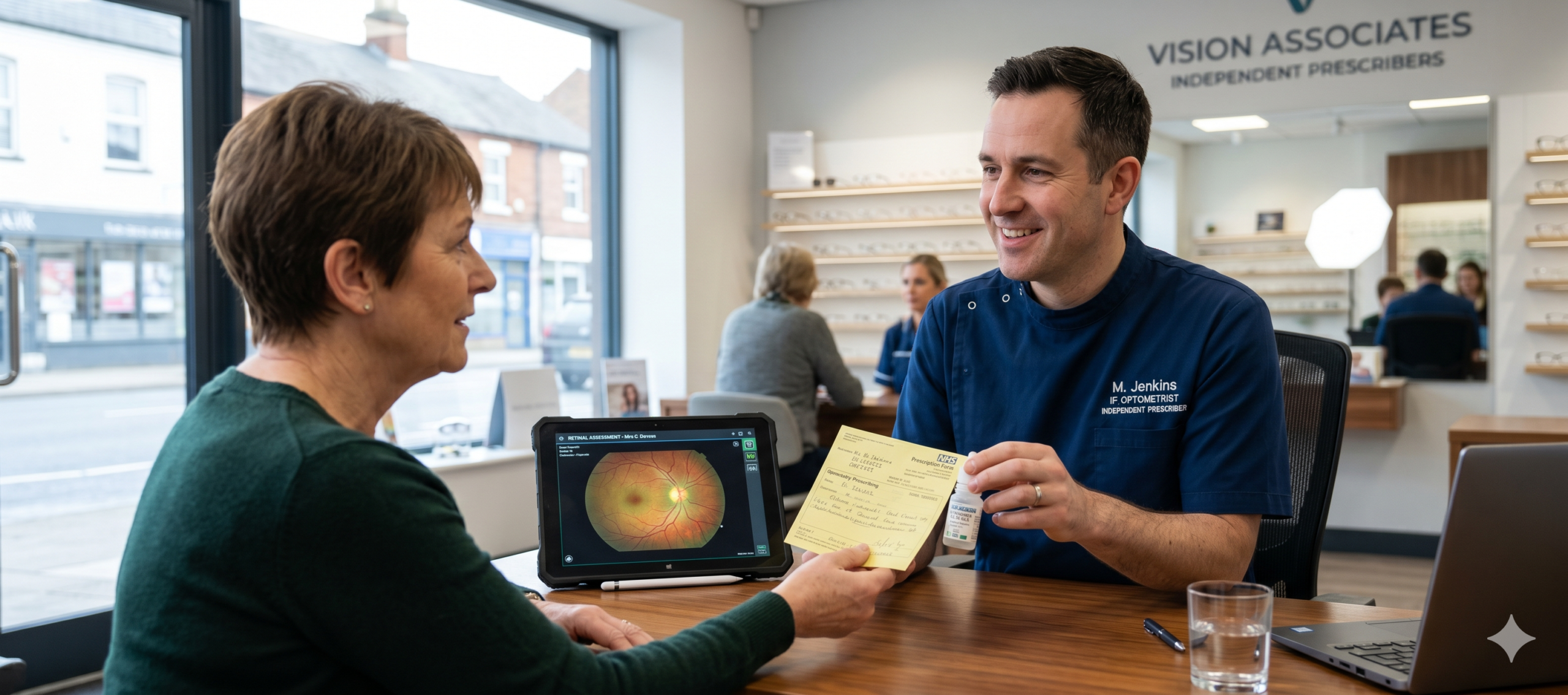 Independent Prescribing Optometrist at Millican Opticians providing a medical eye care prescription to a patient.