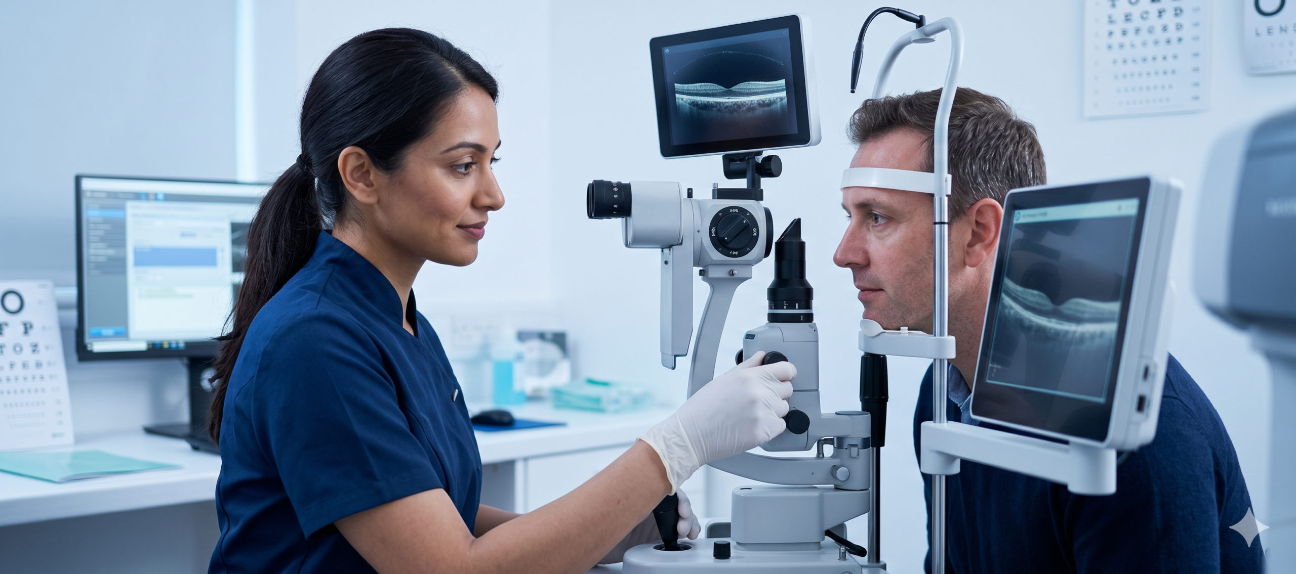Optometrist performing an urgent clinical assessment using a slit-lamp microscope at Millican Opticians.