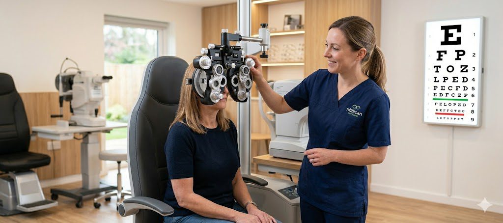A wide-angle clinical photograph of an optician's consulting room at Millican Opticians, showcasing various diagnostic equipment. A wall-mounted Snellen eye chart with standard black letters on a white background, marked with red and green lines, is prominently displayed on the far right.