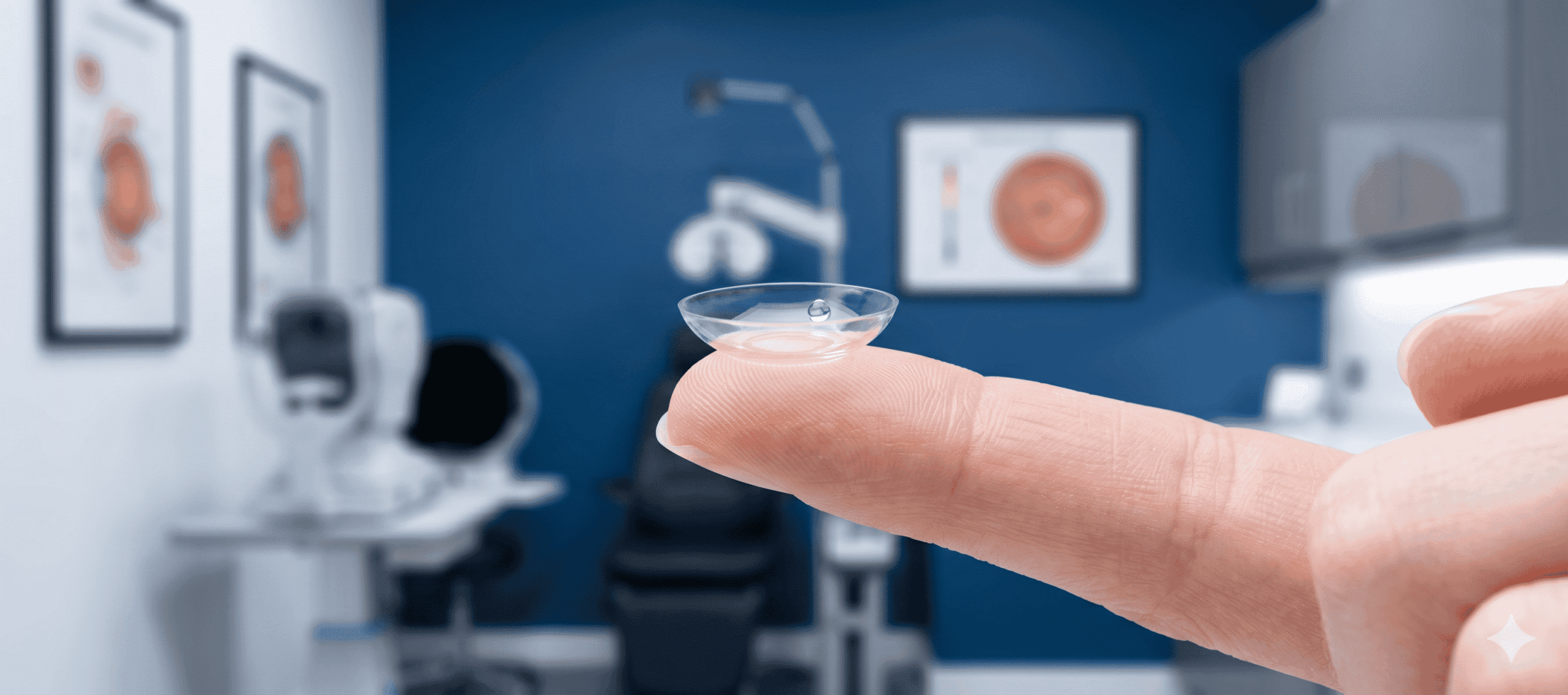 A crisp macro photograph at Millican Opticians showing a premium, highly hydrated contact lens on a fingertip, representing advanced comfort and 2026 lens technology.
