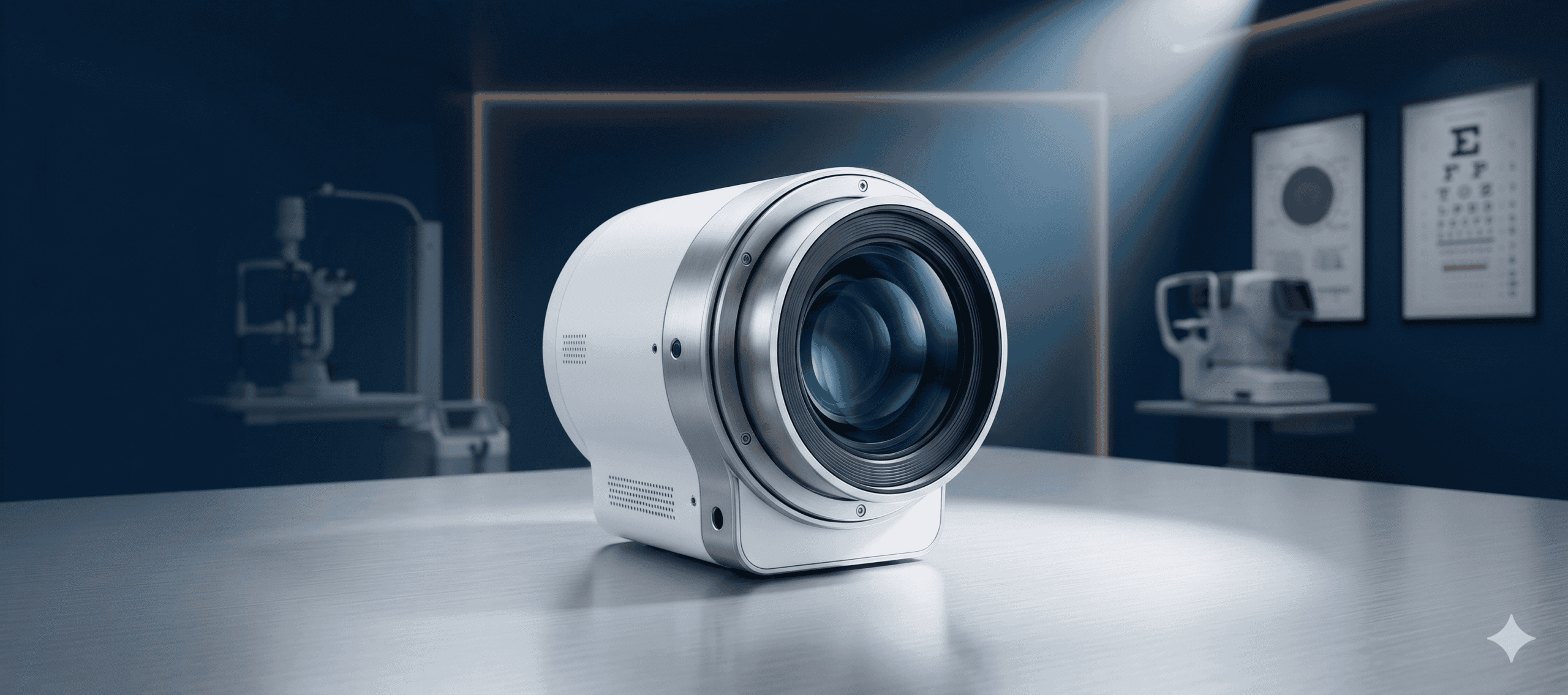 A high-end clinical photograph at Millican Opticians focusing on the precision optics of advanced eye scanning technology, representing the practice's specialist and complex lens capabilities.