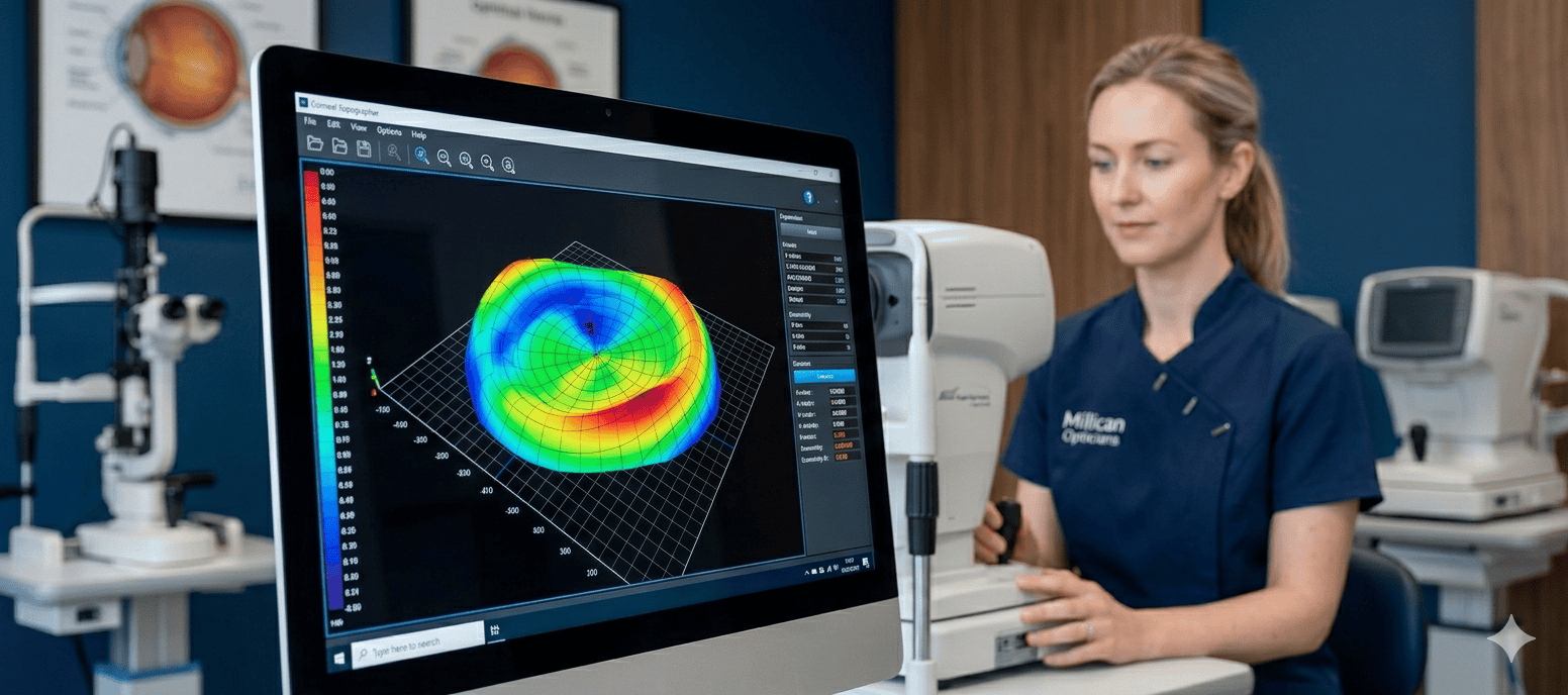 A high-tech digital corneal map displayed on a clinic monitor at Millican Opticians, showcasing the advanced diagnostic technology used for bespoke contact lens fittings.