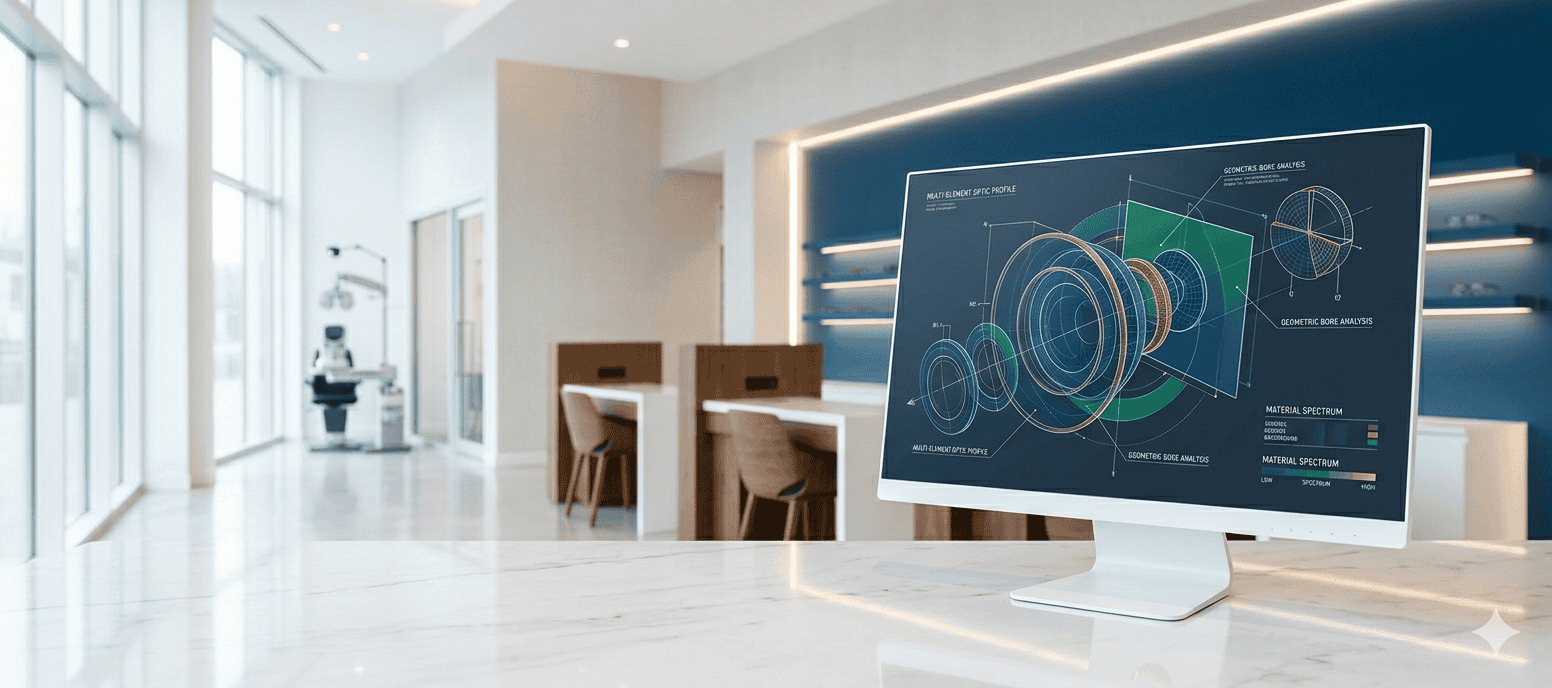 A high-tech digital monitor at Millican Opticians displaying an advanced lens blueprint, representing the precision technology and cinematic expertise of the specialist contact lens clinic.
