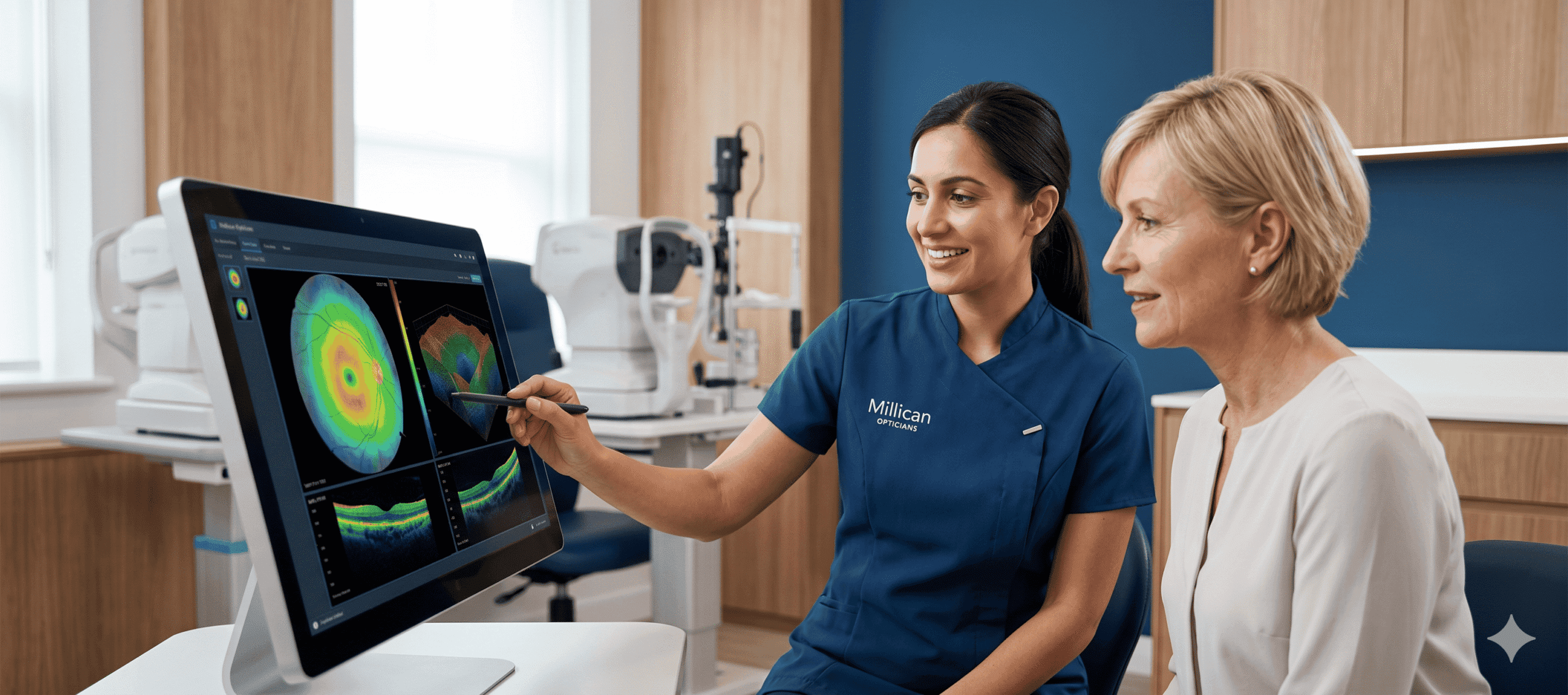 An optometrist at Millican Opticians reviews digital eye care scan results with a patient during a thorough, unhurried consultation in a modern clinic.