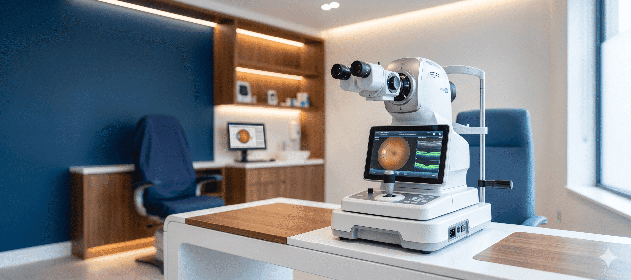 A state-of-the-art digital diagnostic eye scanner in a modern consulting room at Millican Opticians, representing hospital-grade clinical care and advanced ocular health tracking.
