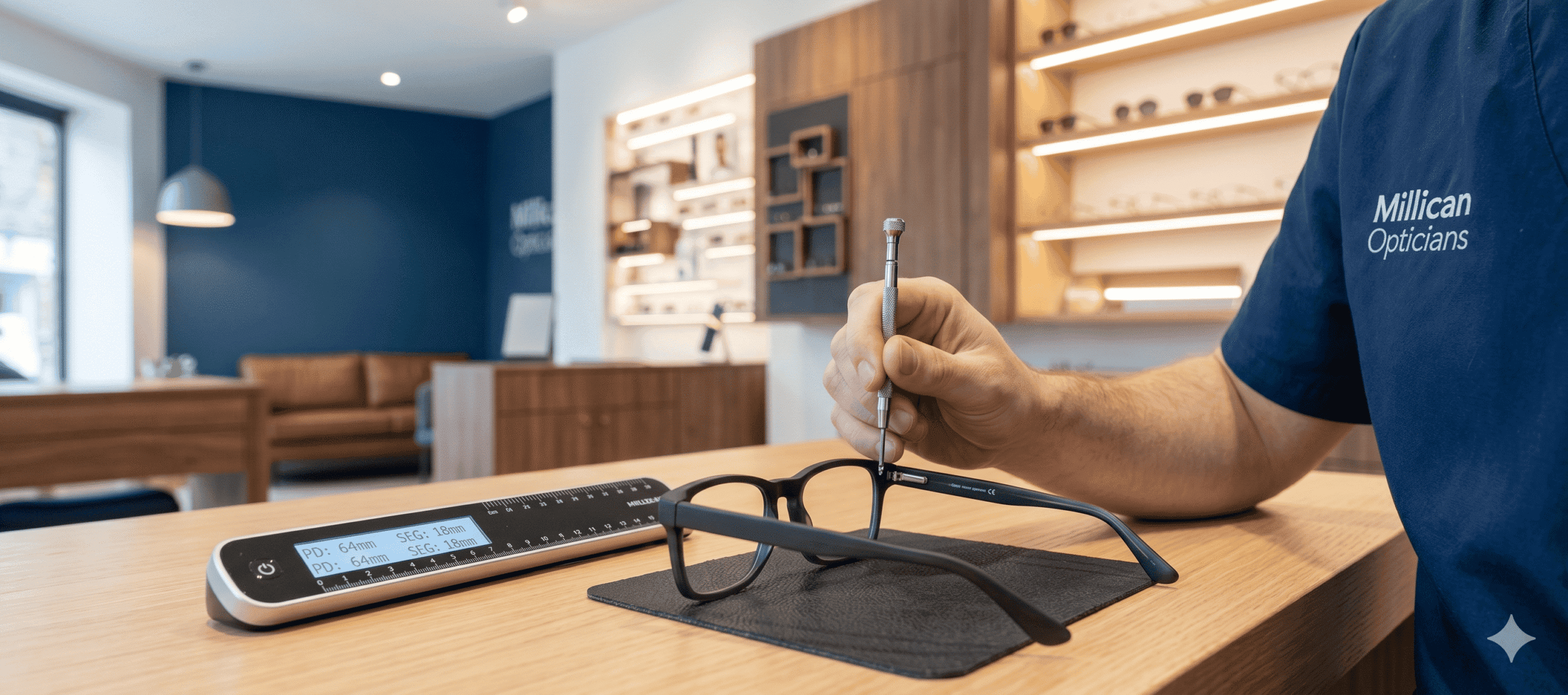 A professional close-up photograph at Millican Opticians showing a personalized frame adjustment and precision digital measurement setup, representing expert styling and millimeter-perfect fitting.
