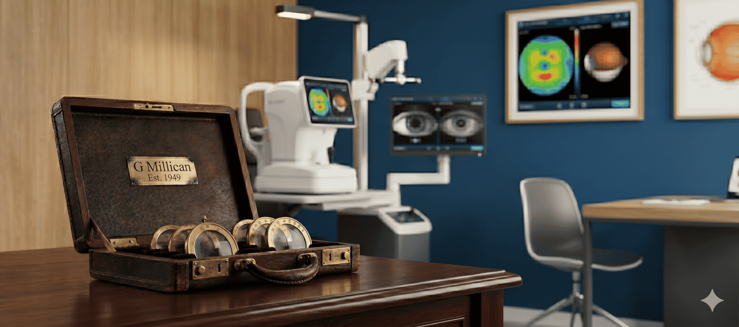 A professional display at Millican Opticians contrasting a piece of the practice's historical optical heritage with state-of-the-art modern technology, symbolizing over 75 years of trusted community eye care.