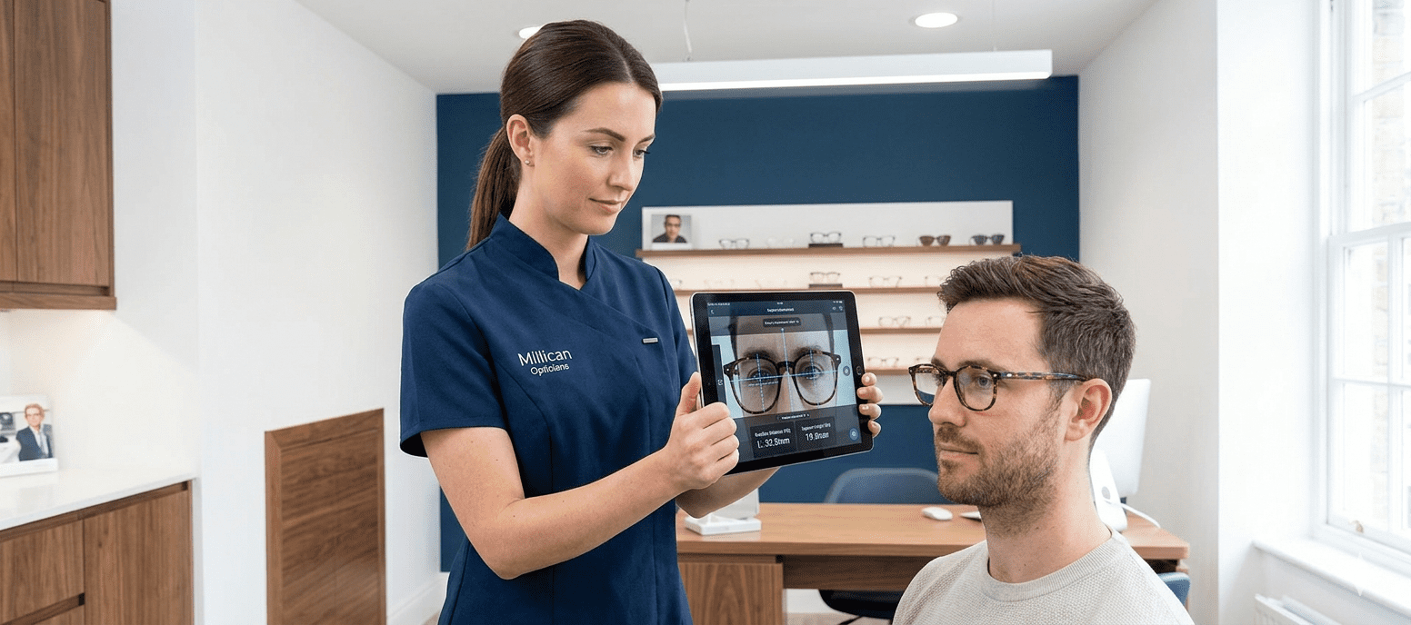 A close-up of a precision digital lens fitting at Millican Opticians, showing an optician using a tablet to capture accurate measurements for a patient's bifocal lenses.