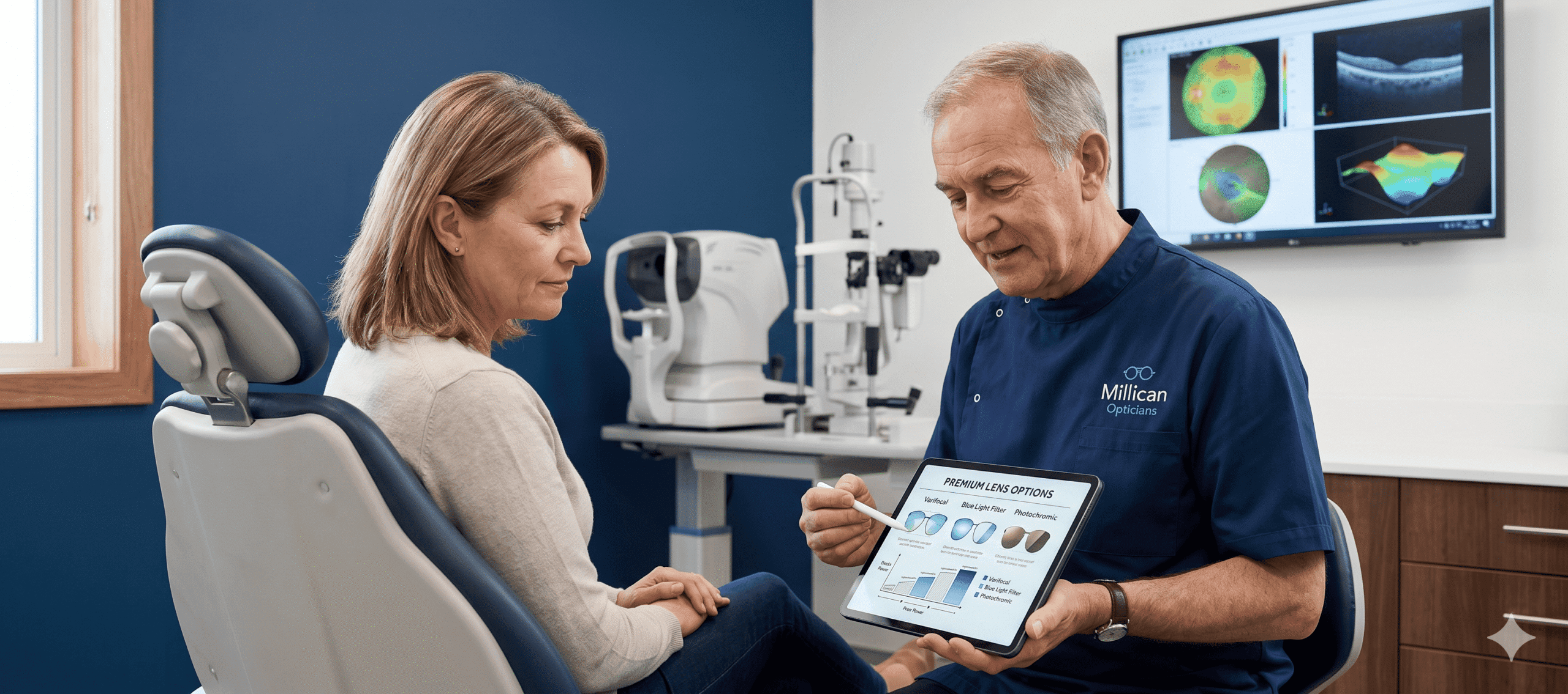 Alt Text: A professional lens consultation at Millican Opticians, showing an optometrist in a branded tunic explaining lens technology to a patient using a digital tablet in a modern clinical setting.