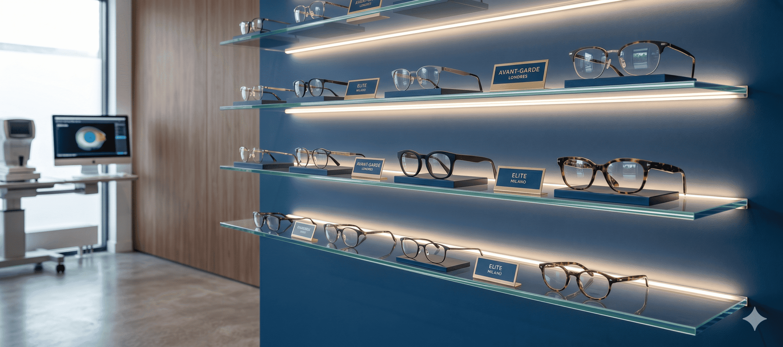 A luxury boutique eyewear display at Millican Opticians, featuring a curated selection of designer frames on elegant shelving against a deep blue branded backdrop[cite: 2].