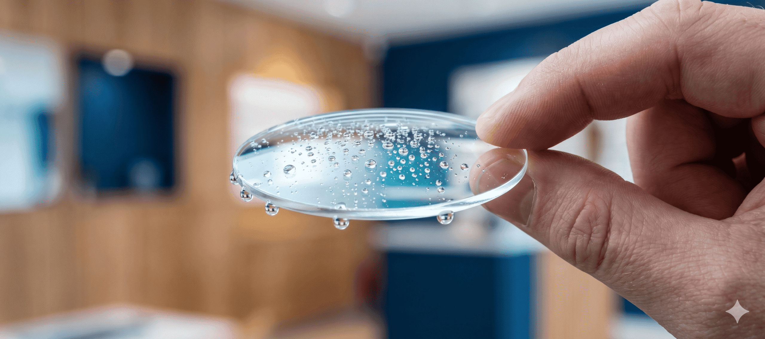 A macro product photograph at Millican Opticians showing a spectacle lens with a hydrophobic coating; water beads roll off the surface of the lens, which is held by a hand entering from the side, showcasing the lens's water-repellent and anti-reflective properties