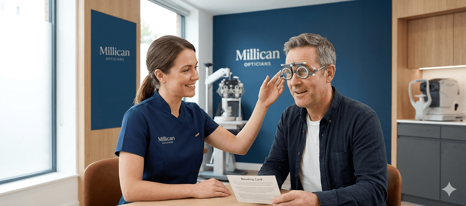A reassuring clinical consultation at Millican Opticians, showing a patient in his 40s discussing the benefits of bifocal lenses with a professional optometrist in a modern exam room.
