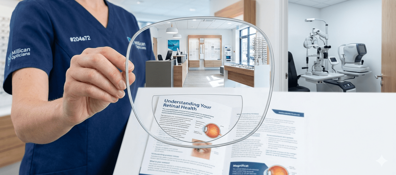 A high-resolution clinical demonstration of a bifocal lens at Millican Opticians, showing a sharp distant room view through the top and magnified clear text through the lower reading segment