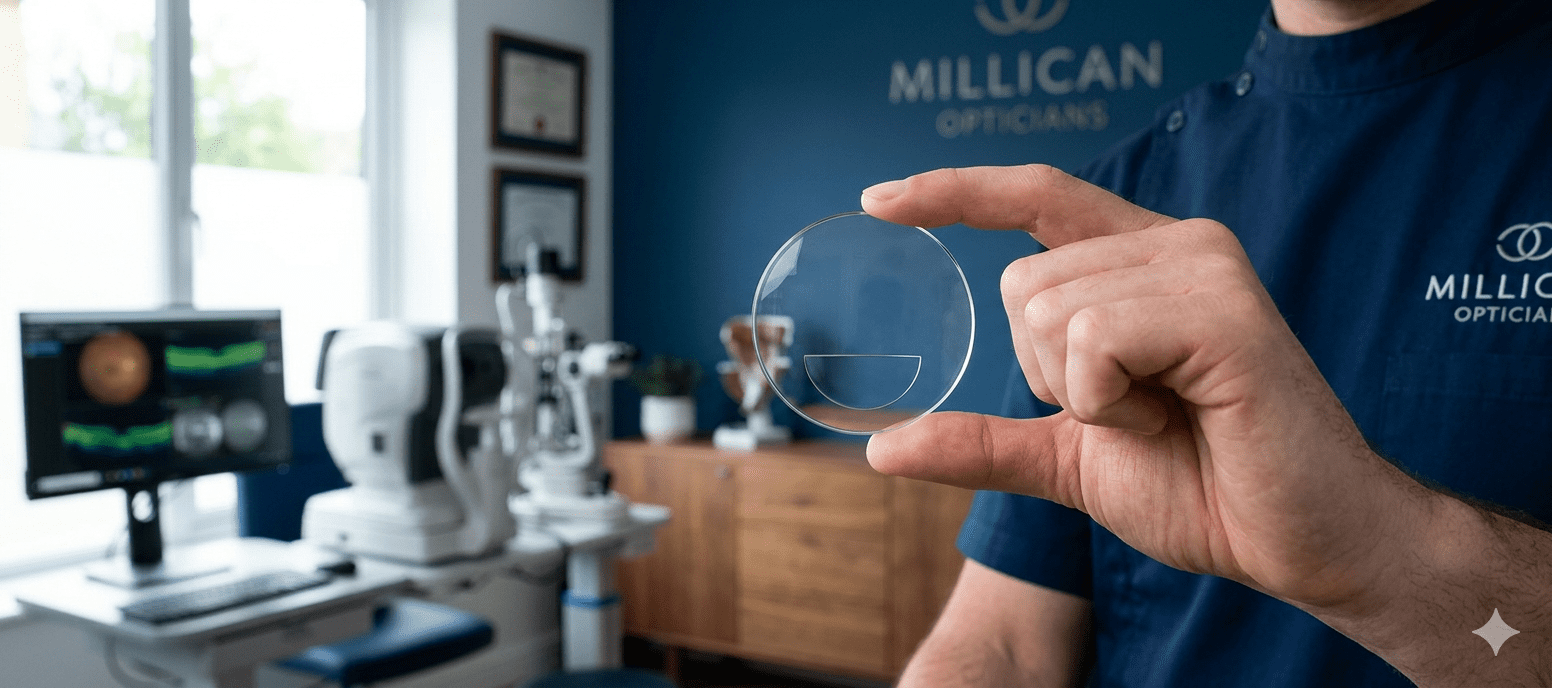 Close-up widescreen photograph of a high-quality bifocal spectacle lens held by a clinician at Millican Opticians, showing the clear reading segment against a modern clinical background.
