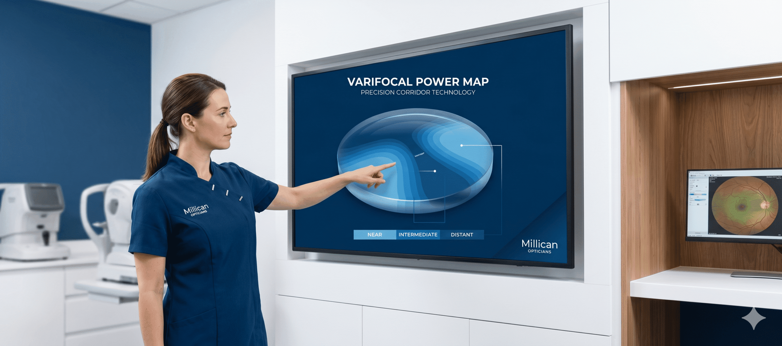 An optometrist at Millican Opticians gestures towards a high-tech screen displaying a 3D digital power map of a varifocal lens corridor, illustrated in shades of deep blue to represent the smooth transition between vision zones.