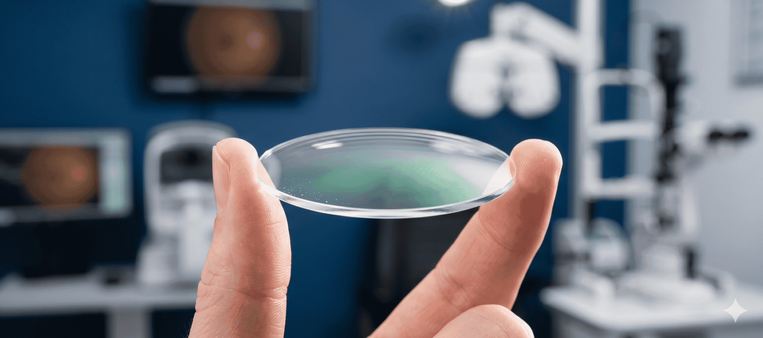 A technical macro photograph at Millican Opticians focusing on a Nikon spectacle lens held between a thumb and finger; the isolated shot highlights the lens's precision clarity and anti-reflective coating against a blurred clinical background