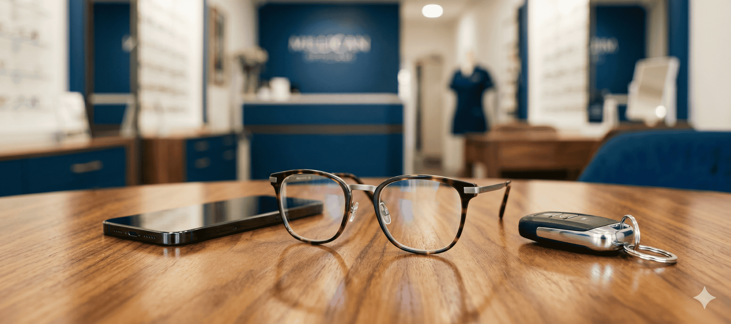 A lifestyle-focused photograph at Millican Opticians featuring premium eyewear alongside everyday items, representing customized lens solutions for driving, digital use, and professional environments[cite: 3, 4]