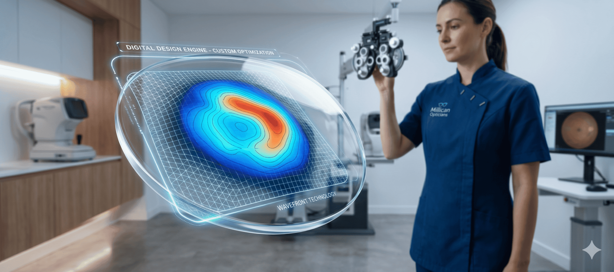 A high-tech digital visualization at Millican Opticians showing the precision power mapping and topographical design of a customized varifocal lens using advanced optical design technology.
