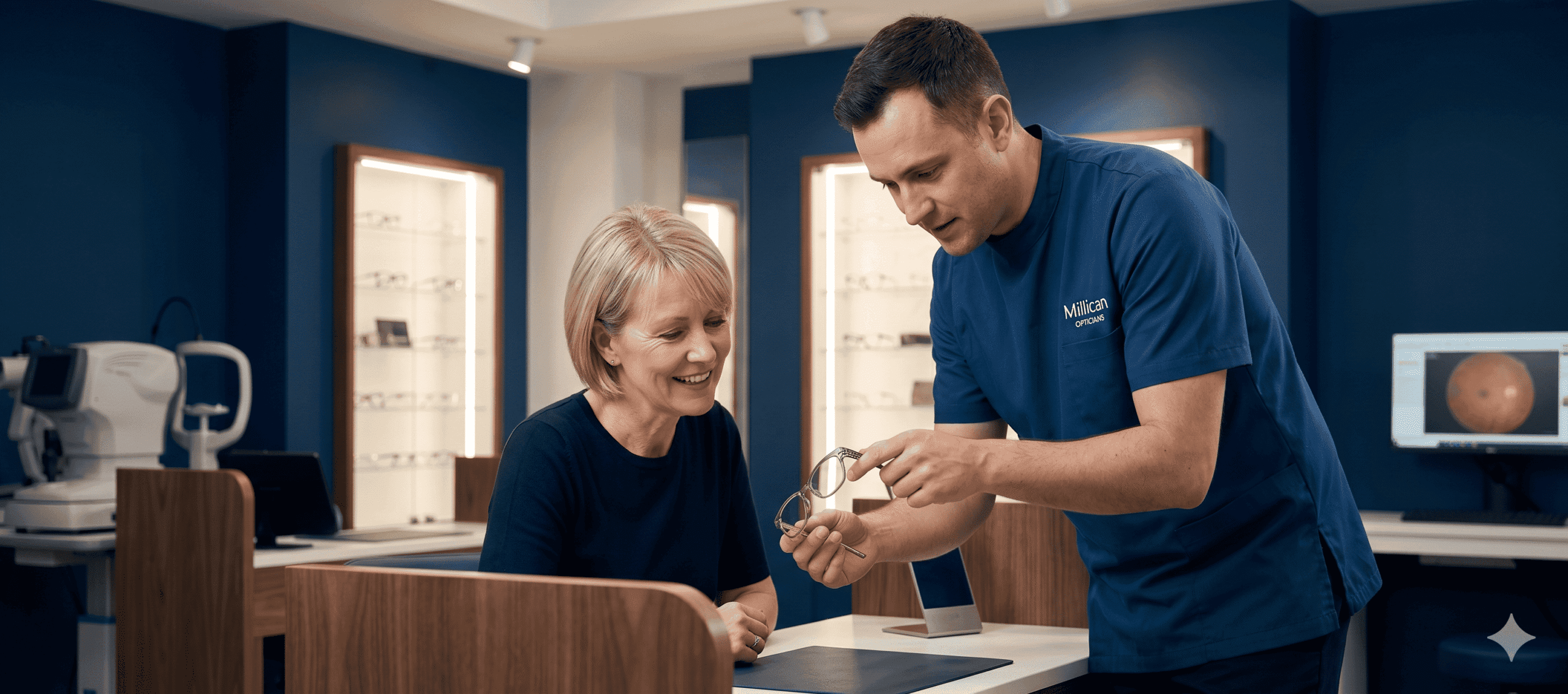 A professional frame styling consultation at Millican Opticians, where an expert optician in a branded blue tunic presents a hand-picked designer frame to a patient in a modern boutique setting.