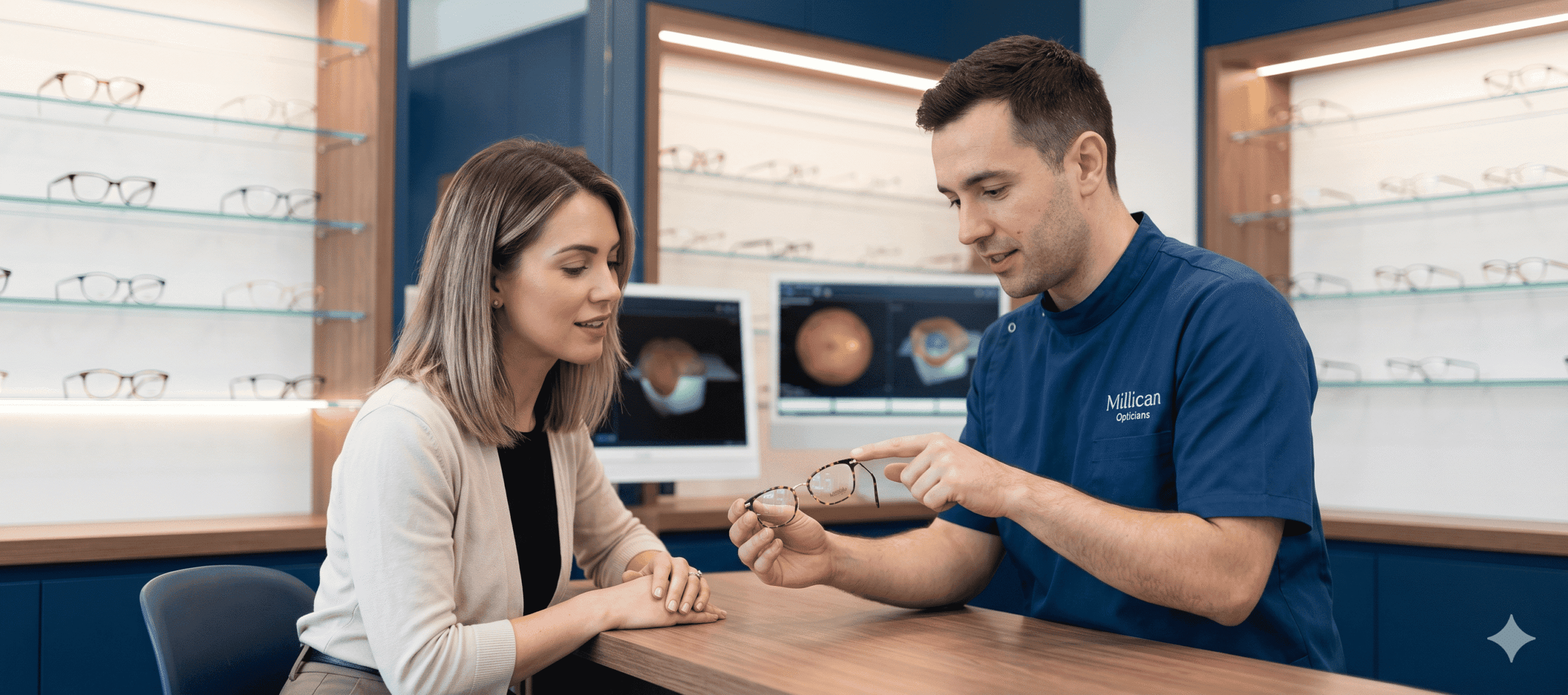 A dispensing optician at Millican Opticians assists a patient during a personalized frame styling consultation, showcasing premium independent eyewear craftsmanship.