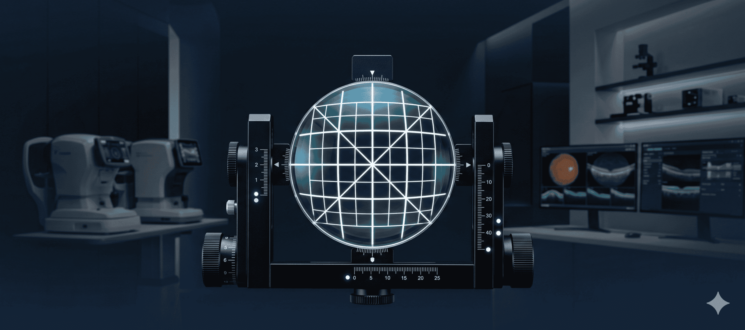 A high-end technical photograph at Millican Opticians showing a premium spectacle lens undergoing precision optical calibration, representing advanced Nikon and Zeiss lens technology.