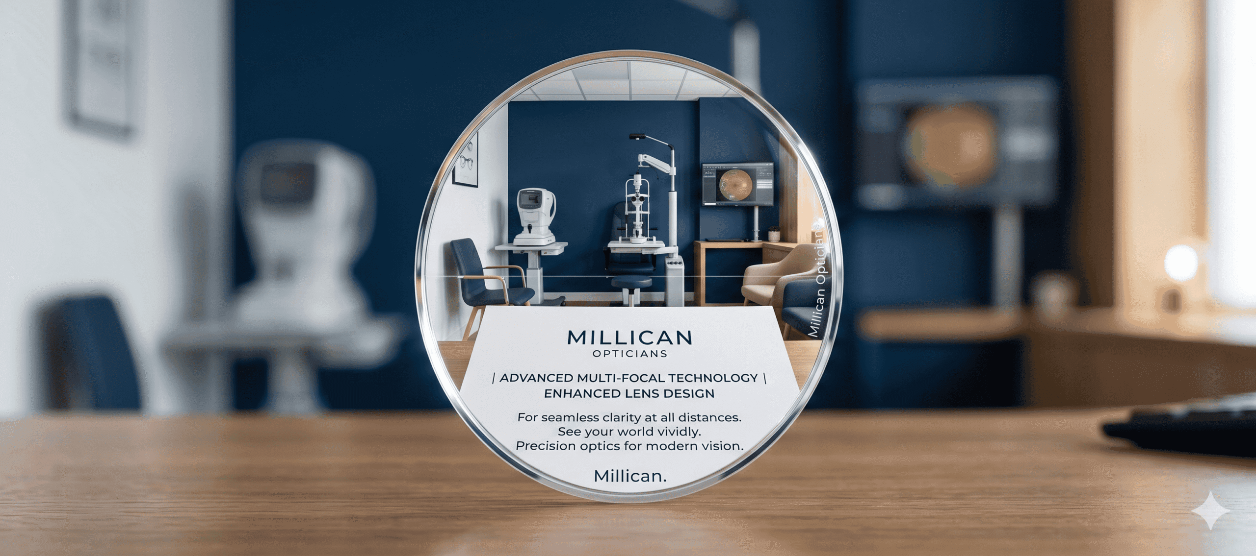 An artistic through-the-lens photograph at Millican Opticians demonstrating simultaneous distance and reading clarity, representing advanced specialized varifocal and bifocal lens solutions.