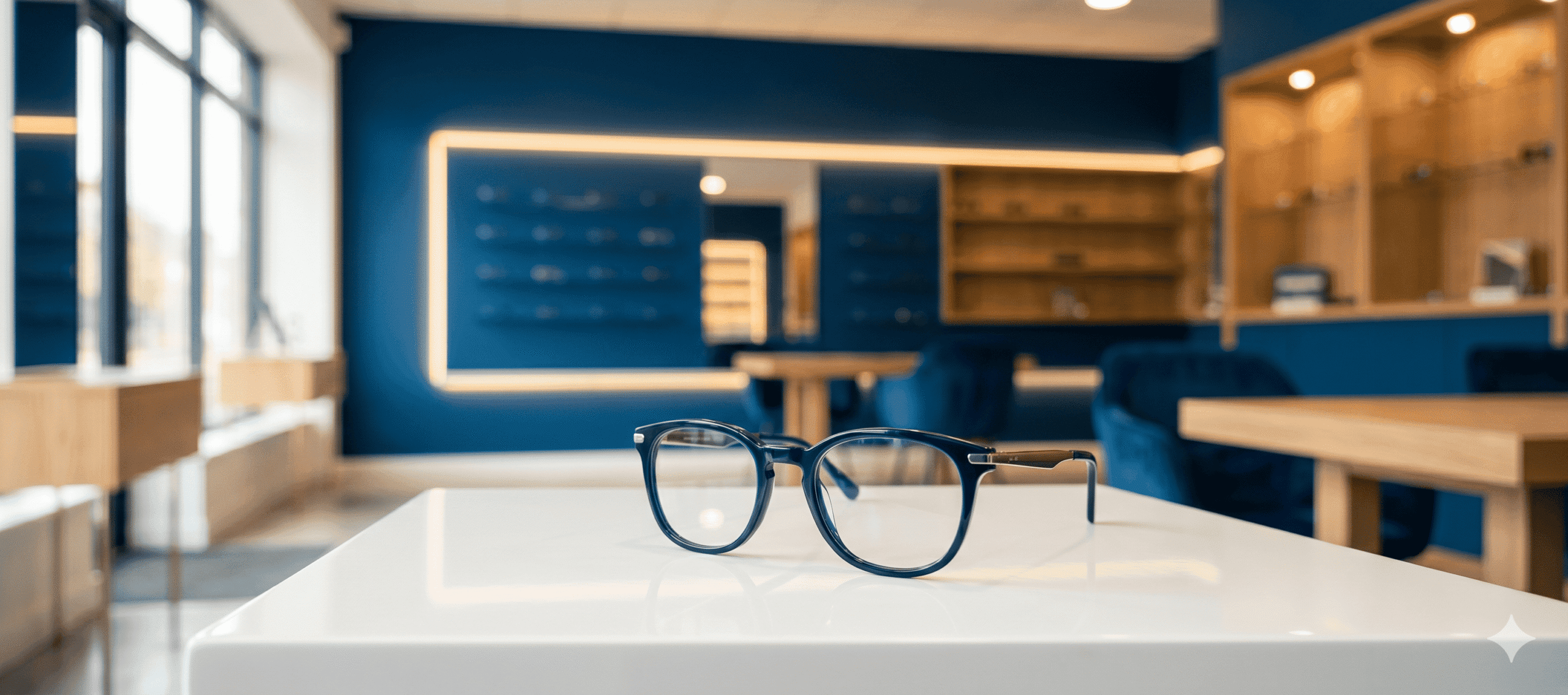 A premium, minimalist display of a designer spectacle frame at Millican Opticians, highlighting independent craftsmanship and boutique quality against a deep blue background