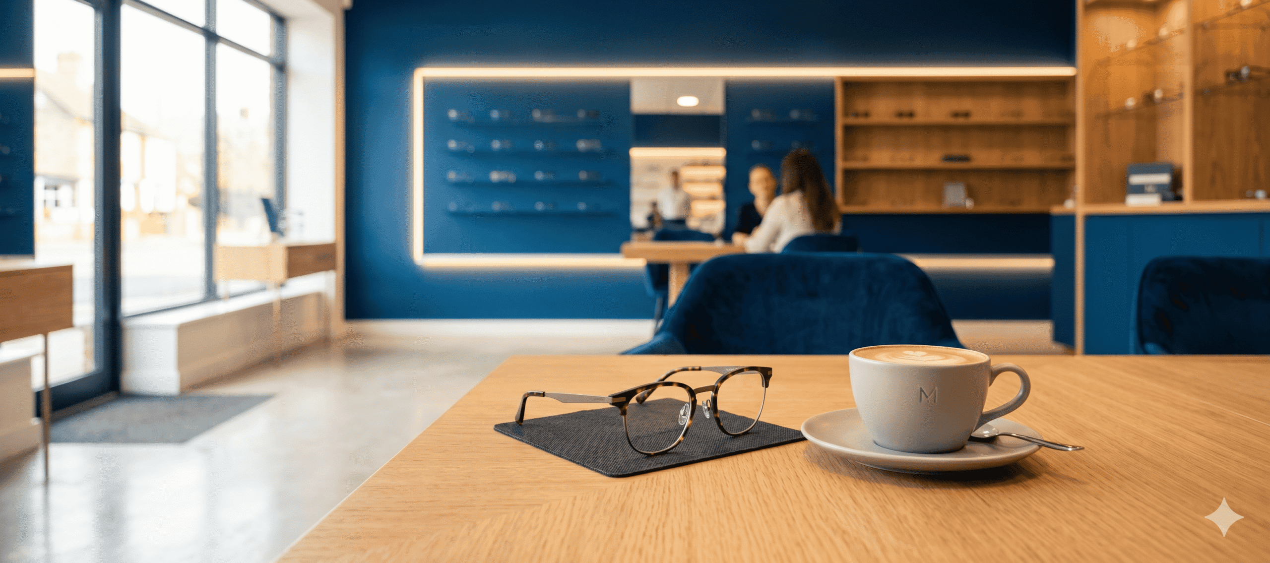 A warm and inviting view of the boutique dispensing lounge at Millican Opticians, representing the relaxed, personalized, and unhurried independent experience patients receive.